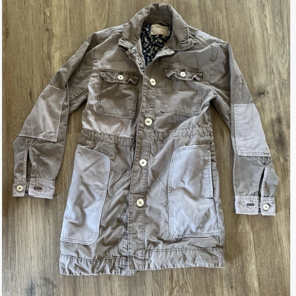 We The Free People Long Utility Jacket Apollo In Taupe S Mixed Media Patches